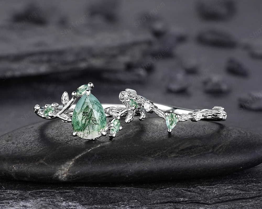 Pear Cut Moss Agate Engagement Ring, 14K White Solid Gold Twig Branch Promise Wedding Ring, Nature Inspired Vine Bridal Set Gift for her - ShainJewelry