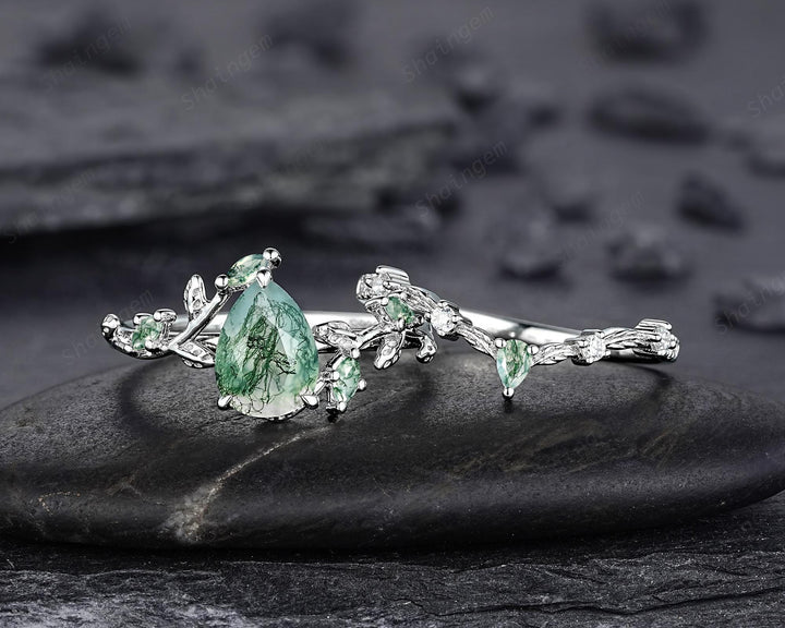 Pear Cut Moss Agate Engagement Ring, 14K White Solid Gold Twig Branch Promise Wedding Ring, Nature Inspired Vine Bridal Set Gift for her - ShainJewelry