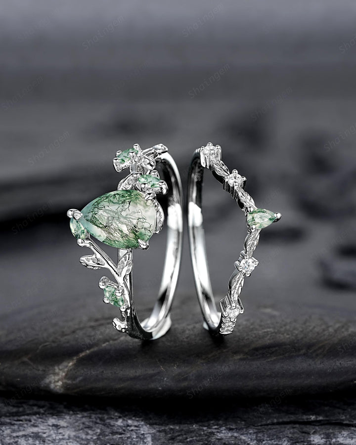 Pear Cut Moss Agate Engagement Ring, 14K White Solid Gold Twig Branch Promise Wedding Ring, Nature Inspired Vine Bridal Set Gift for her - ShainJewelry