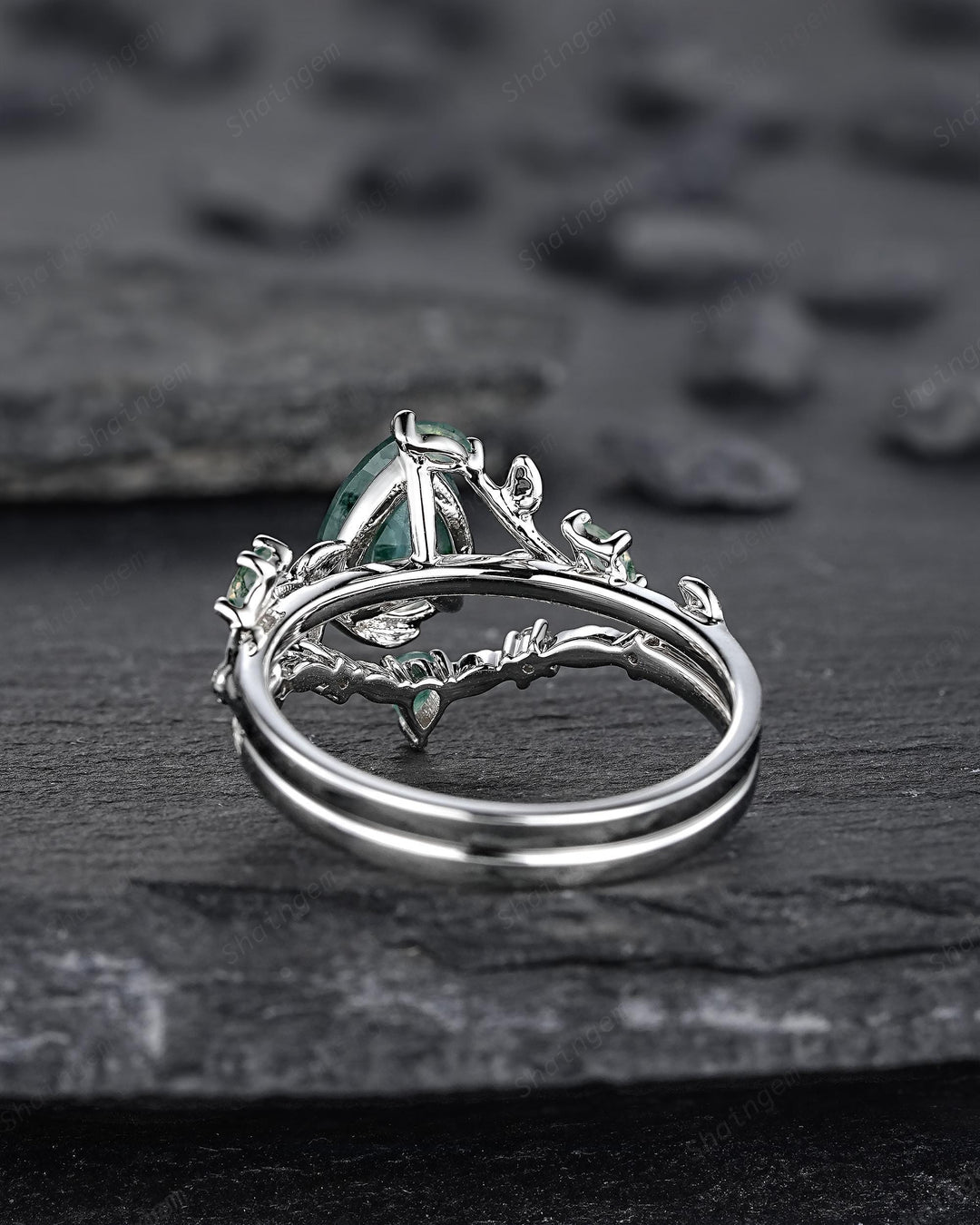 Pear Cut Moss Agate Engagement Ring, 14K White Solid Gold Twig Branch Promise Wedding Ring, Nature Inspired Vine Bridal Set Gift for her - ShainJewelry