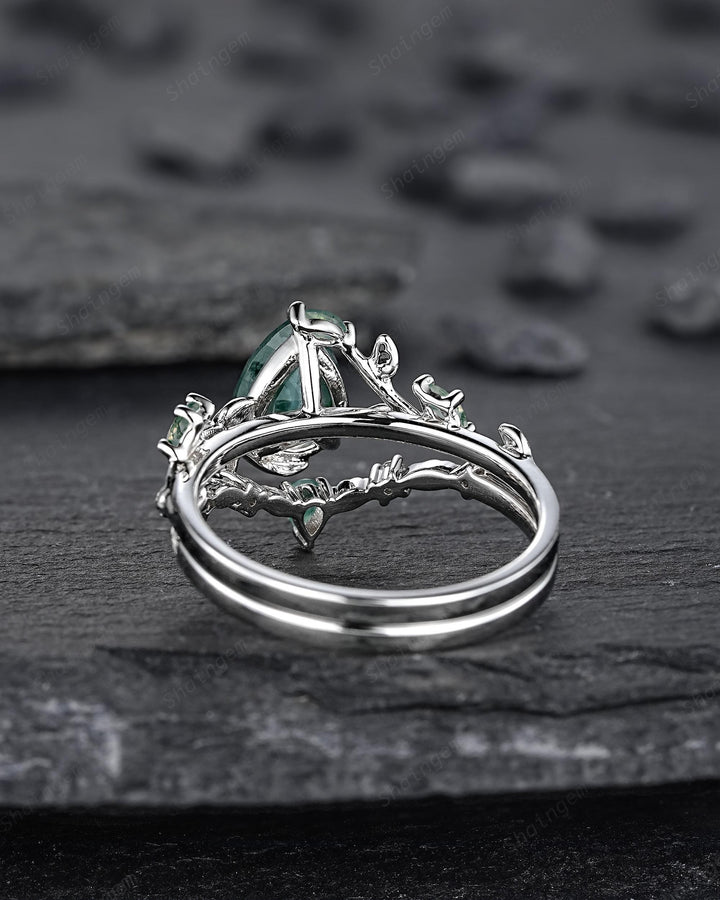 Pear Cut Moss Agate Engagement Ring, 14K White Solid Gold Twig Branch Promise Wedding Ring, Nature Inspired Vine Bridal Set Gift for her - ShainJewelry
