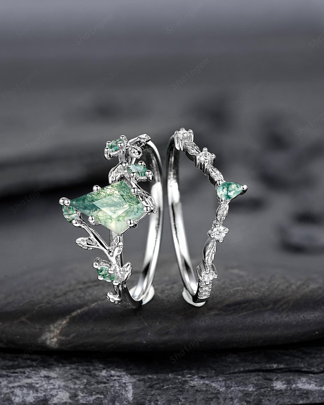 Platinum Kite Cut Moss Agate Leaf Engagement Ring Set, 14K White Gold Twig Branch Promise Wedding Ring, Silver 925 Vine Bridal Set For Women - ShainJewelry