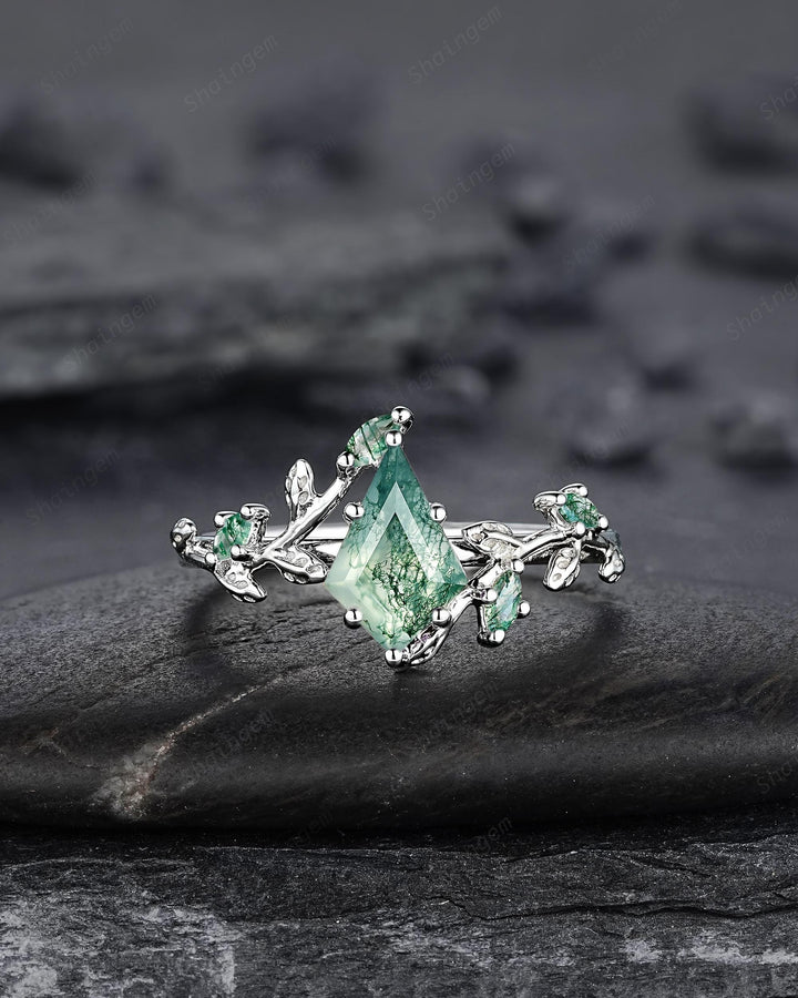 Platinum Kite Cut Moss Agate Leaf Engagement Ring Set, 14K White Gold Twig Branch Promise Wedding Ring, Silver 925 Vine Bridal Set For Women - ShainJewelry