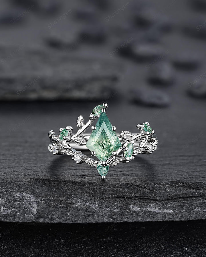 Platinum Kite Cut Moss Agate Leaf Engagement Ring Set, 14K White Gold Twig Branch Promise Wedding Ring, Silver 925 Vine Bridal Set For Women - ShainJewelry