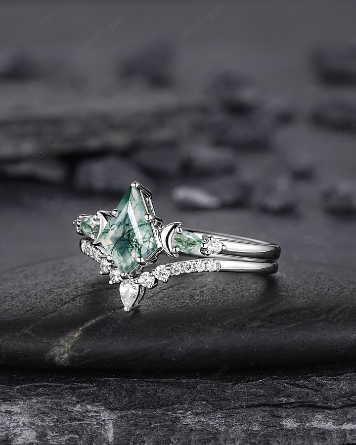 Kite Shape Moss Agate Crescent Engagement Ring Set, Nature Inspired Sterling Silver Moon Wedding Promise Ring Anniversary Gift for Women - ShainJewelry