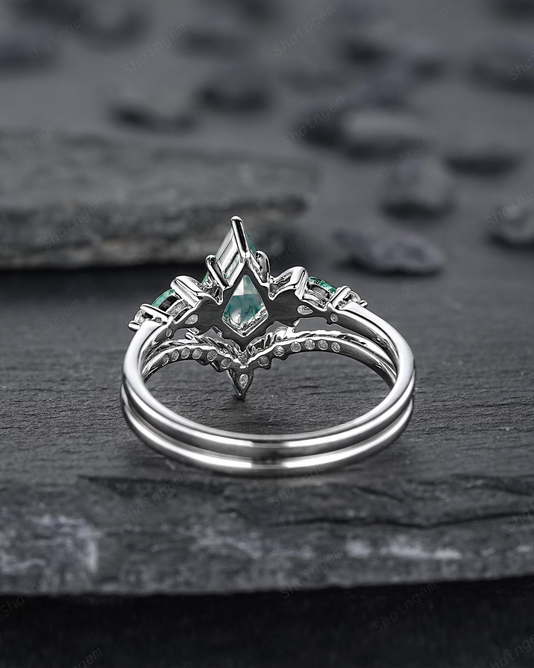 Kite Shape Moss Agate Crescent Engagement Ring Set, Nature Inspired Sterling Silver Moon Wedding Promise Ring Anniversary Gift for Women - ShainJewelry