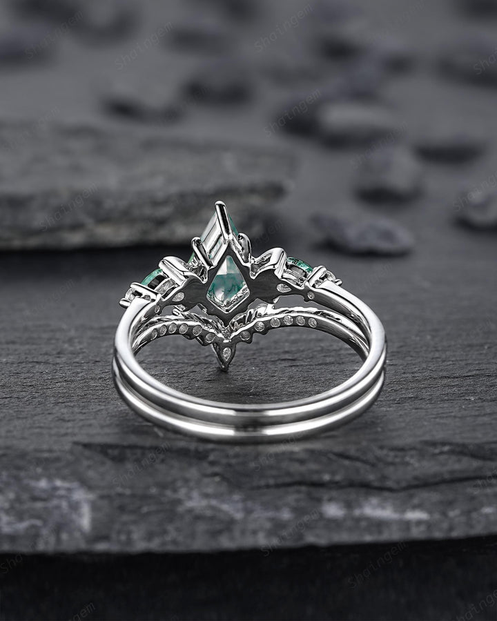 Kite Shape Moss Agate Crescent Engagement Ring Set, Nature Inspired Sterling Silver Moon Wedding Promise Ring Anniversary Gift for Women - ShainJewelry