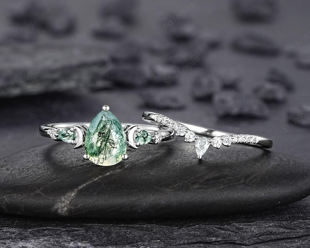Platinum Pear Shape Moss Agate Crescent Engagement Ring Set, White Gold Sterling Silver Moon Wedding Promise Ring Anniversary Gift for Women - ShainJewelry