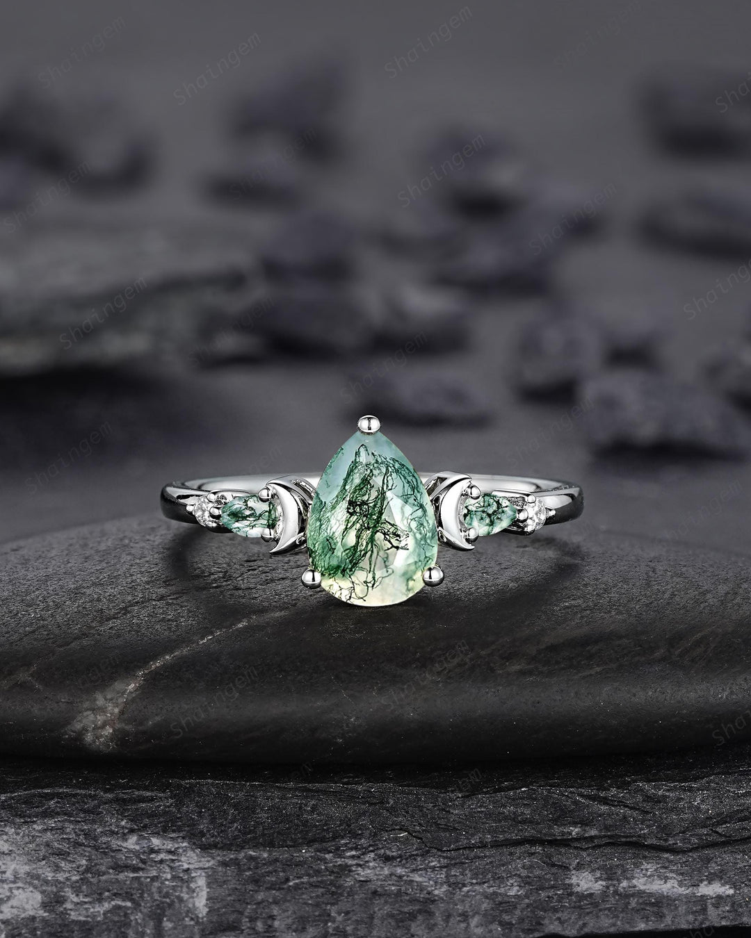 Platinum Pear Shape Moss Agate Crescent Engagement Ring Set, White Gold Sterling Silver Moon Wedding Promise Ring Anniversary Gift for Women - ShainJewelry