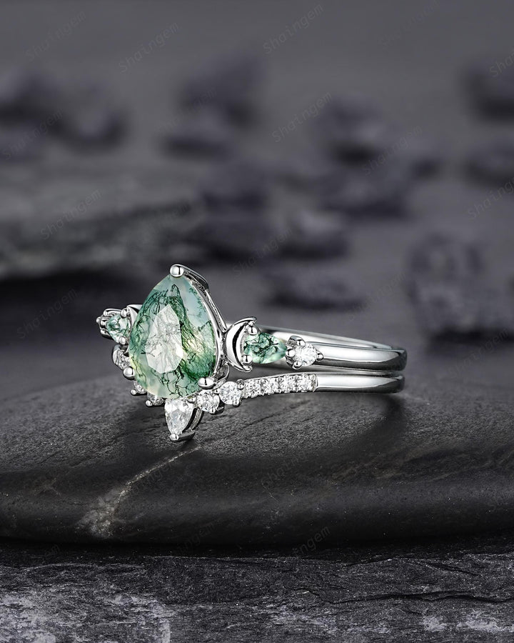 Platinum Pear Shape Moss Agate Crescent Engagement Ring Set, White Gold Sterling Silver Moon Wedding Promise Ring Anniversary Gift for Women - ShainJewelry