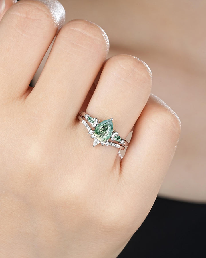 Platinum Pear Shape Moss Agate Crescent Engagement Ring Set, White Gold Sterling Silver Moon Wedding Promise Ring Anniversary Gift for Women - ShainJewelry