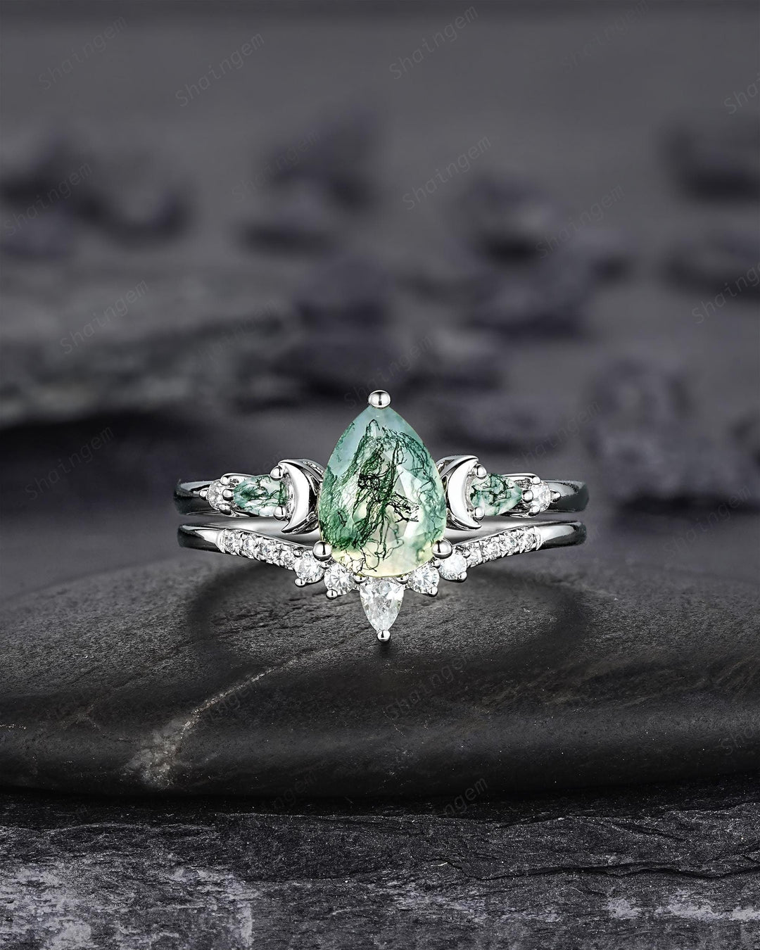 Platinum Pear Shape Moss Agate Crescent Engagement Ring Set, White Gold Sterling Silver Moon Wedding Promise Ring Anniversary Gift for Women - ShainJewelry