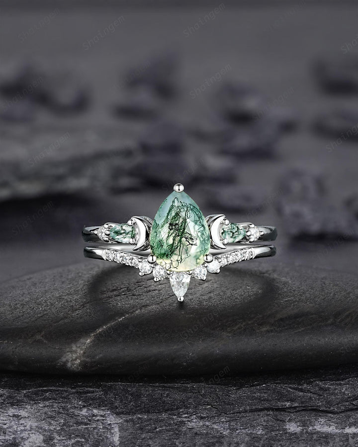 Platinum Pear Shape Moss Agate Crescent Engagement Ring Set, White Gold Sterling Silver Moon Wedding Promise Ring Anniversary Gift for Women - ShainJewelry