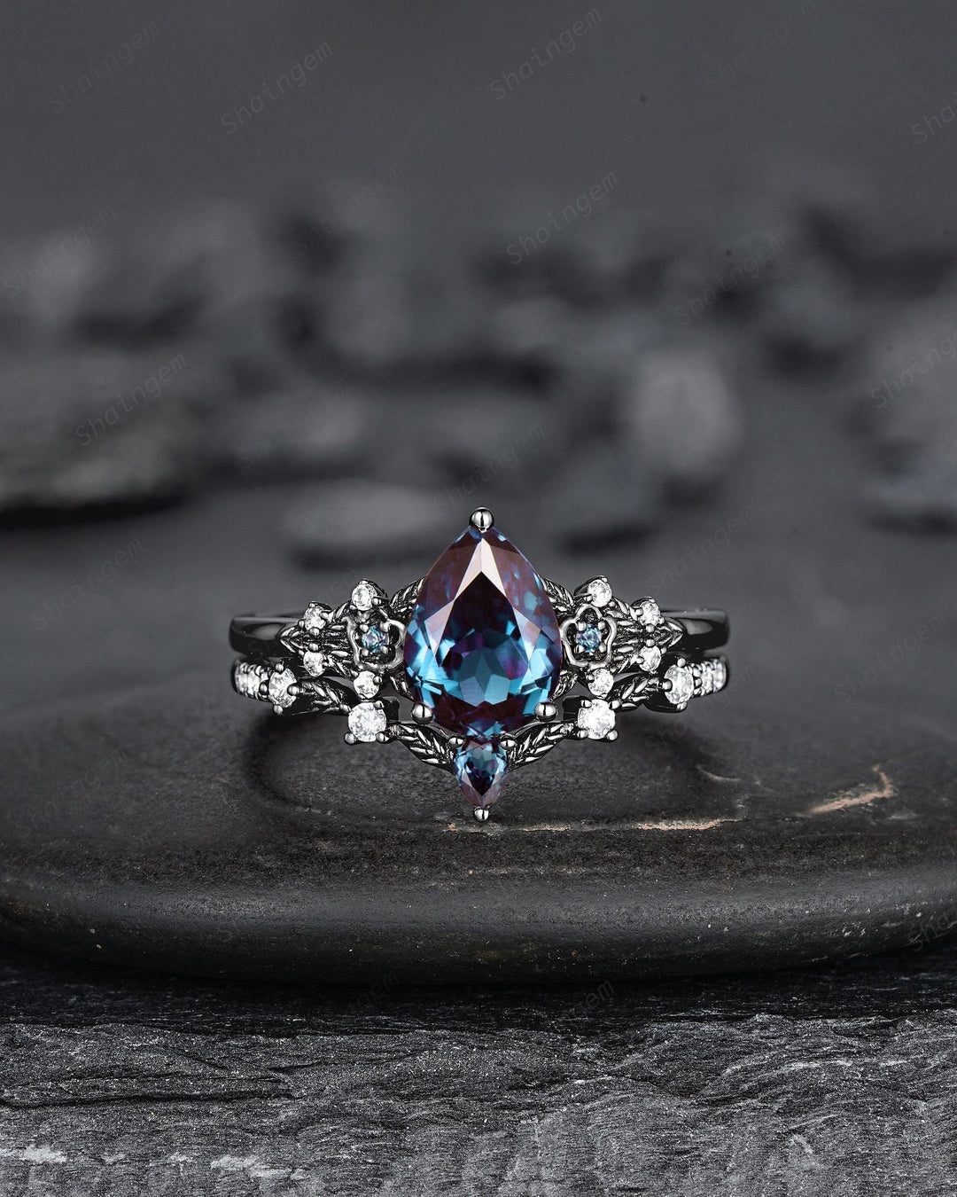 Gothic Black Gold Pear Cut Alexandrite Engagement Ring Set, Black Floral Promise Ring Unique Black Rhodium Wedding Ring Bridal Set for Women - ShainJewelry