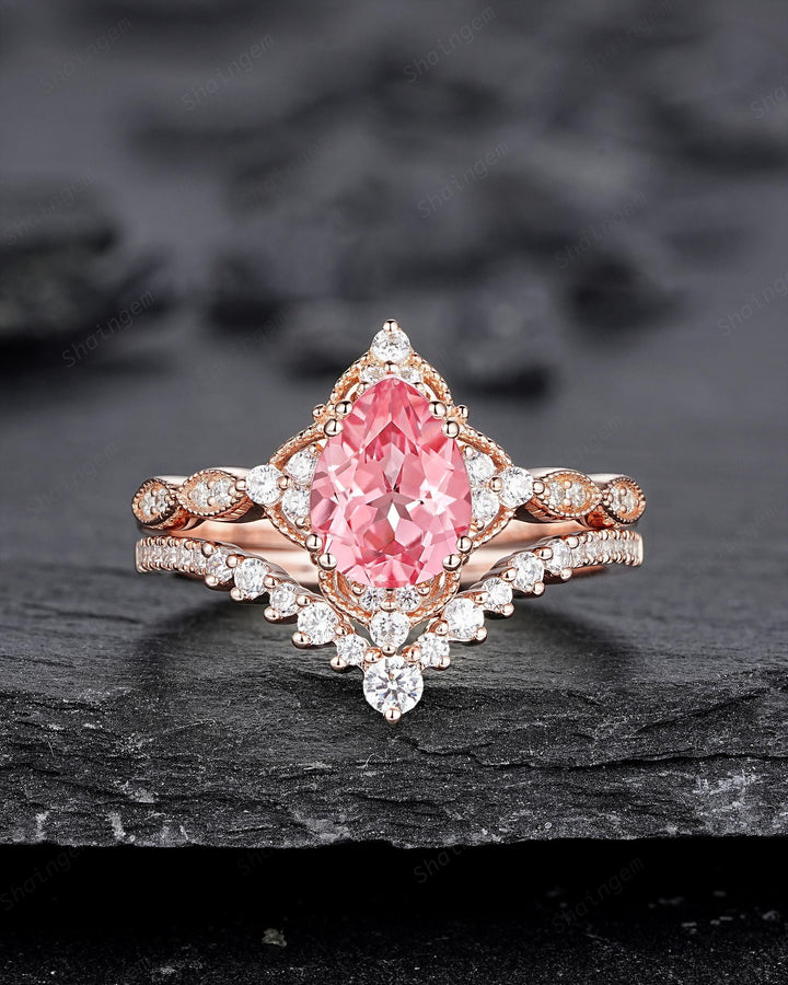 Vintage Pear Shape Padparadscha Pink Sapphire and Diamond Engagement Ring Set, Rose Gold Milgrain Wedding Ring Bridal Set Promise Ring - ShainJewelry