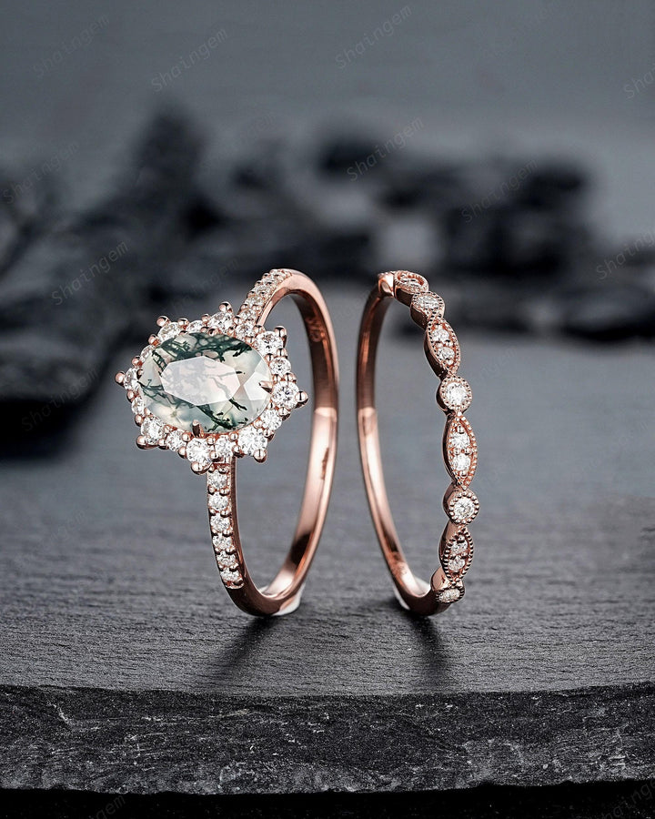 Vintage Moss Agate Halo Engagement Ring Set, Unique Oval Cut Mossy Agate Yellow Gold Wedding Set Moss Agate Bridal Set Anniversary Ring Gift - ShainJewelry