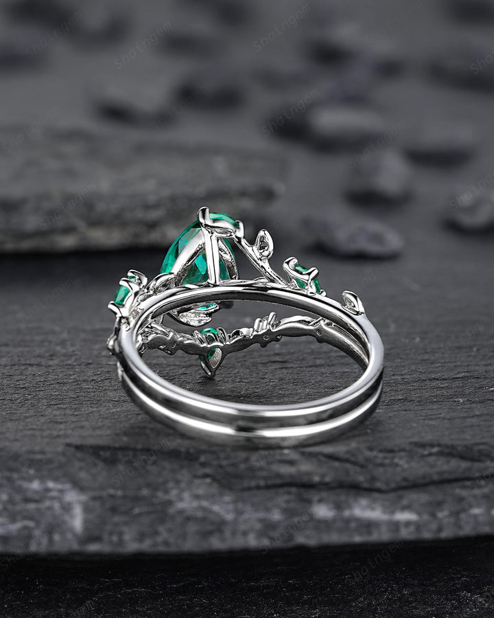 Pear Cut Emerald Engagement Ring, 14K White Gold Twig Branch Promise Wedding Ring, Nature Inspired Vine Emerald Bridal Set Gift for her - ShainJewelry