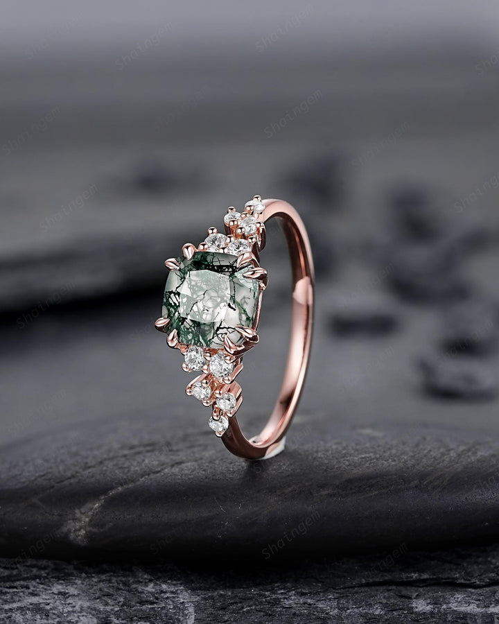 Vintage Cushion Cut Cluster Moss Agate Engagement Ring, Moss Agate Diamond Promise Ring, 14K Rose Gold Wedding Ring Anniversary Gift for her - ShainJewelry