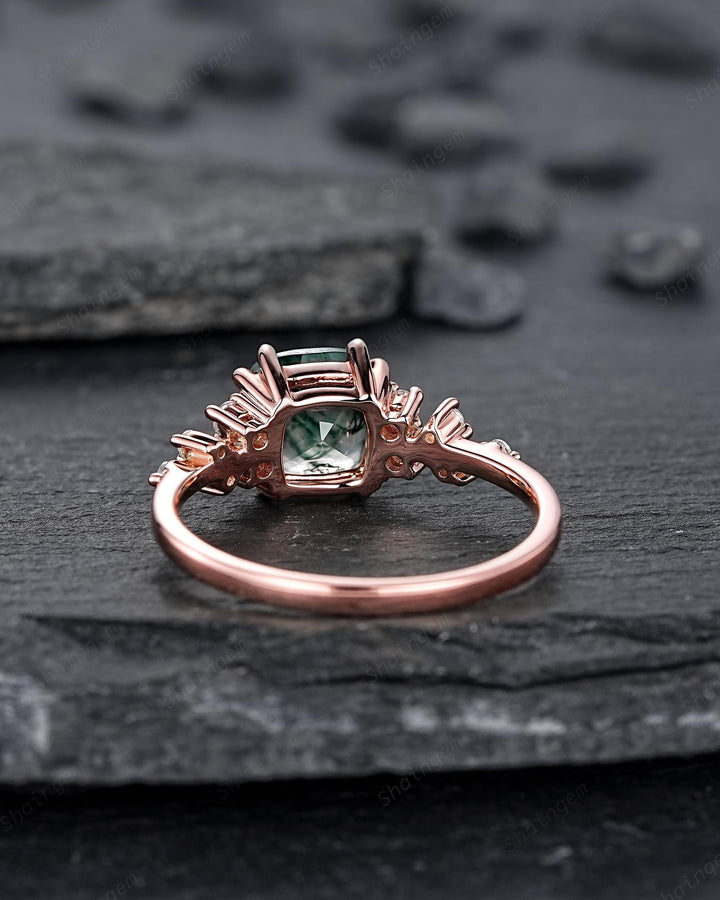 Vintage Cushion Cut Cluster Moss Agate Engagement Ring, Moss Agate Diamond Promise Ring, 14K Rose Gold Wedding Ring Anniversary Gift for her - ShainJewelry