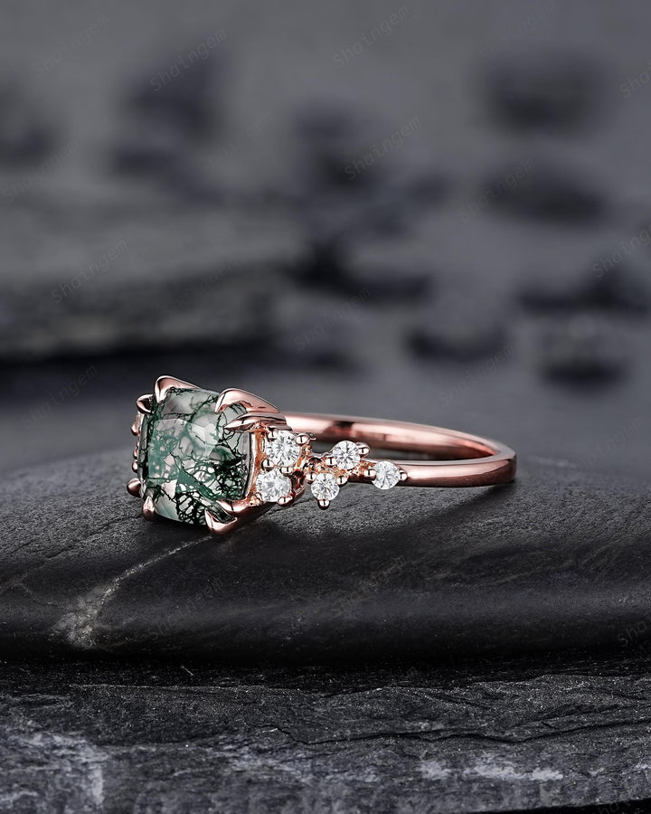 Vintage Cushion Cut Cluster Moss Agate Engagement Ring, Moss Agate Diamond Promise Ring, 14K Rose Gold Wedding Ring Anniversary Gift for her - ShainJewelry