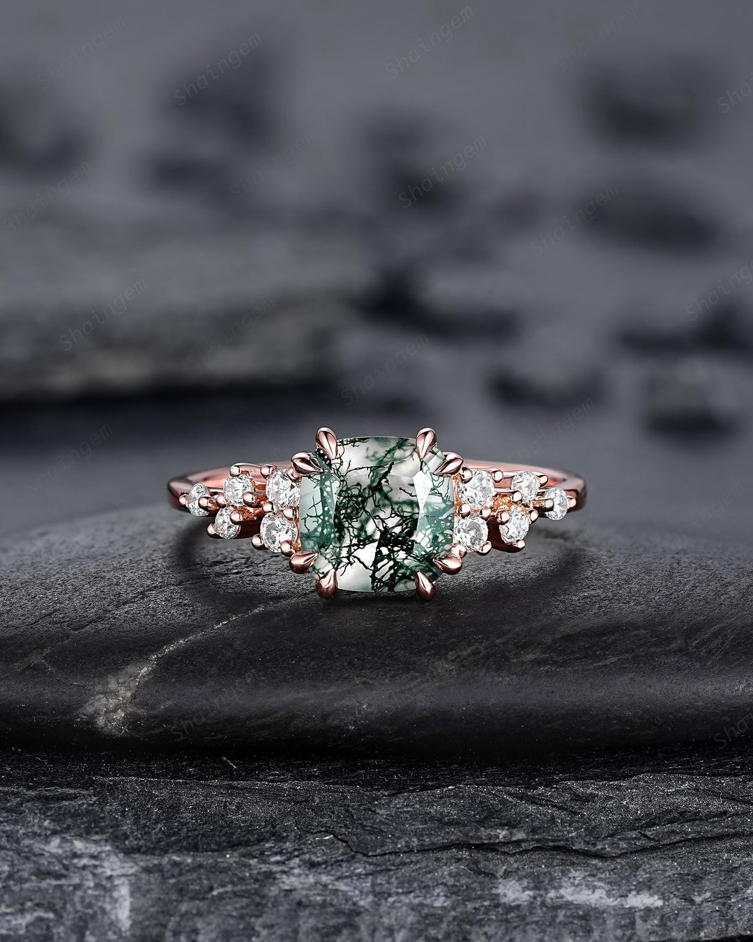 Vintage Cushion Cut Cluster Moss Agate Engagement Ring, Moss Agate Diamond Promise Ring, 14K Rose Gold Wedding Ring Anniversary Gift for her - ShainJewelry