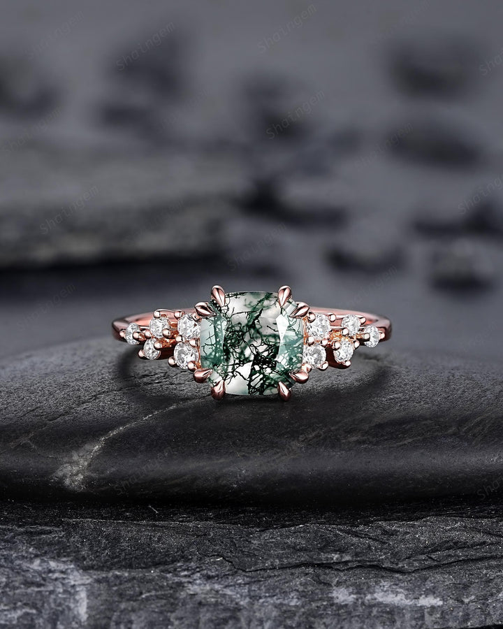 Vintage Cushion Cut Cluster Moss Agate Engagement Ring, Moss Agate Diamond Promise Ring, 14K Rose Gold Wedding Ring Anniversary Gift for her - ShainJewelry