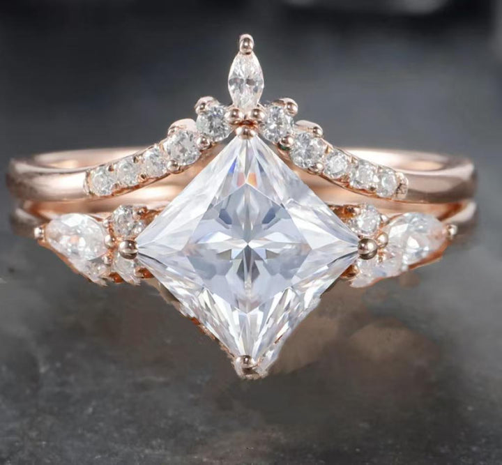 Unique Princess Cut Moissanite Bridal Set, Vintage Moissanite Engagement Ring , Art Deco Moissanite Wedding Set, 14K Rose Gold Promise Ring - ShainJewelry