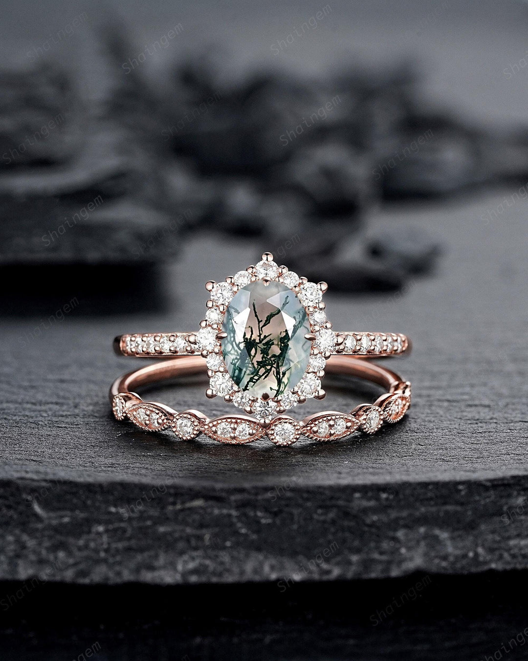Vintage Moss Agate Halo Engagement Ring Set, Unique Oval Cut Mossy Agate Rose Gold Wedding Set, Moss Agate Bridal Set Anniversary Ring Gift - ShainJewelry
