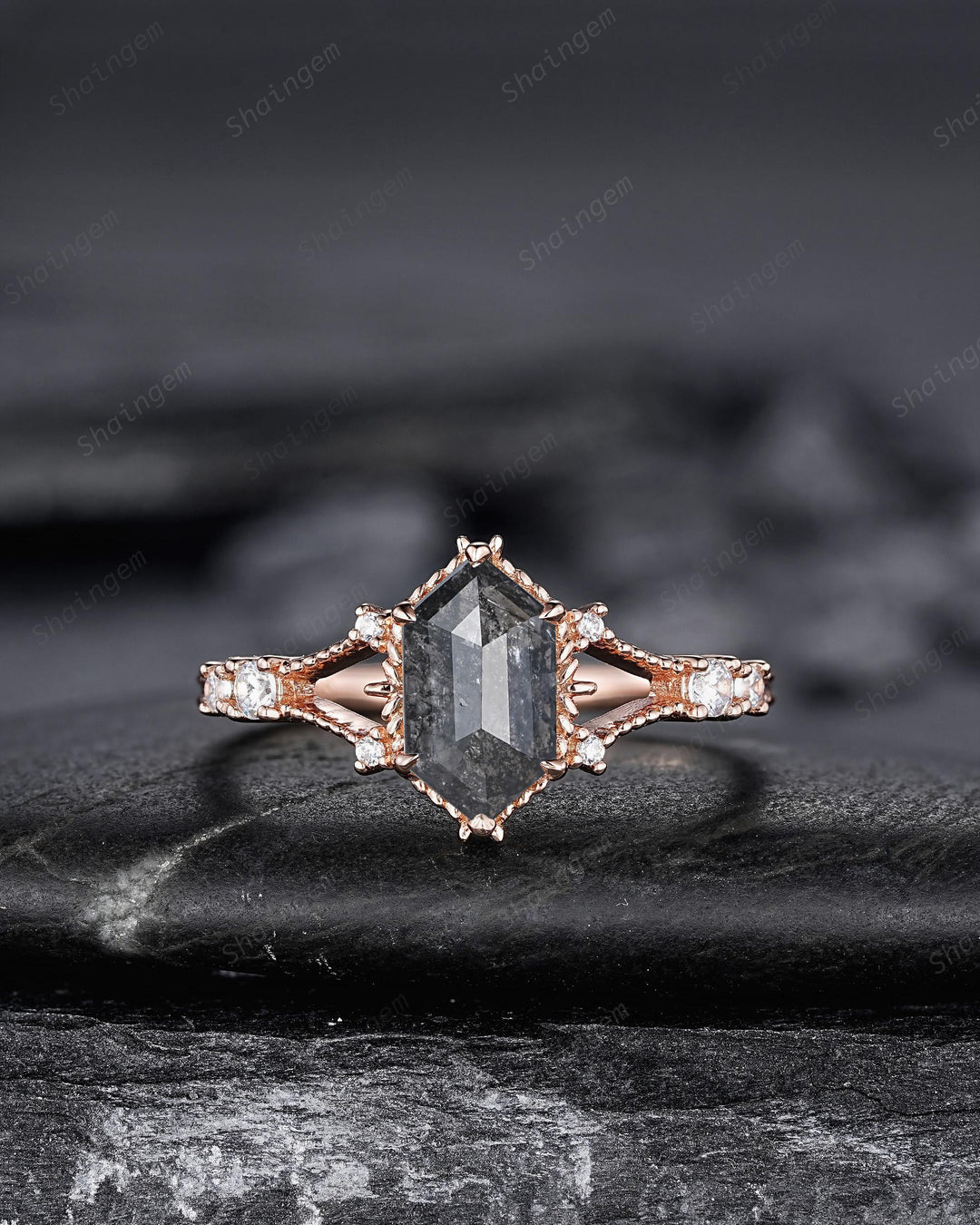 Elongated Hexagon Salt and Pepper Diamond Engagement Ring,18K Rose Gold Natural Diamond Promise Ring, Spilt Shank Milgrain Diamond Ring Gift - ShainJewelry