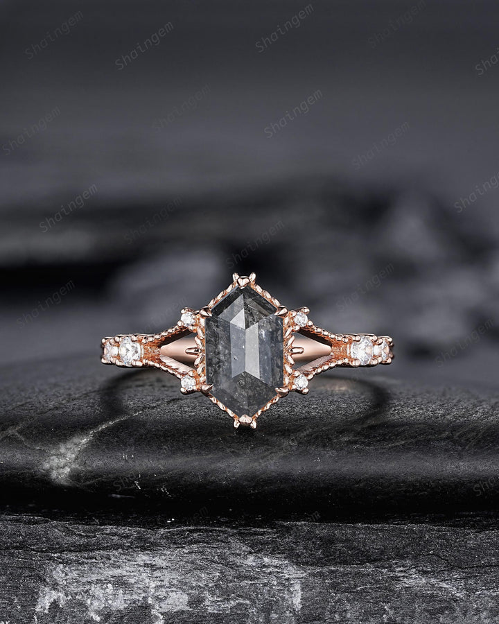Elongated Hexagon Salt and Pepper Diamond Engagement Ring,18K Rose Gold Natural Diamond Promise Ring, Spilt Shank Milgrain Diamond Ring Gift - ShainJewelry