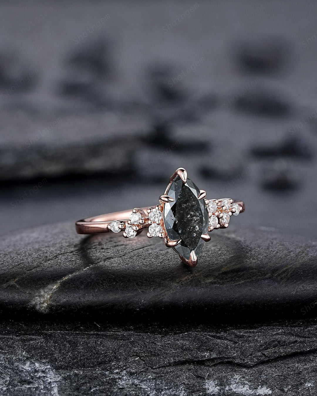 Salt and Pepper Cluster Diamond Engagement Ring,18K Rose Gold Marquise Cut Natural Diamond Promise Ring, Cluster Diamond Ring Gift for women - ShainJewelry