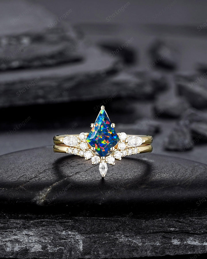 Kite Shape Black Fire Opal Engagement Ring , Multicolor Black Opal Bridal Set, Unique 14K Solid Yellow Gold Anniversary Promise Ring Gift - ShainJewelry