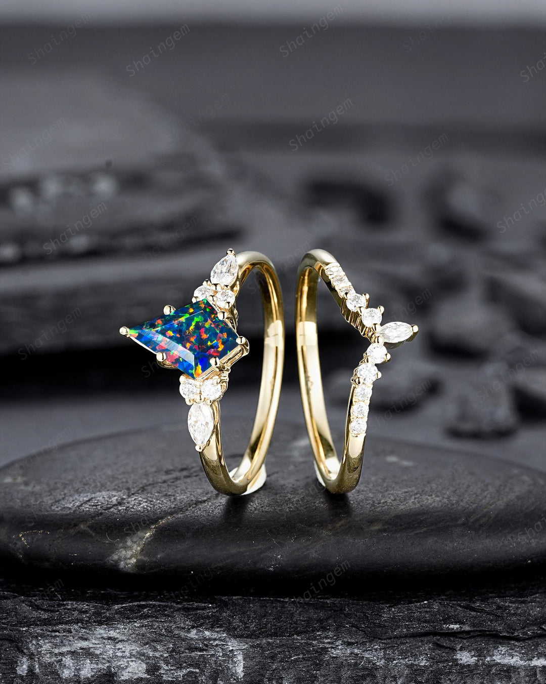 Kite Shape Black Fire Opal Engagement Ring , Multicolor Black Opal Bridal Set, Unique 14K Solid Yellow Gold Anniversary Promise Ring Gift - ShainJewelry