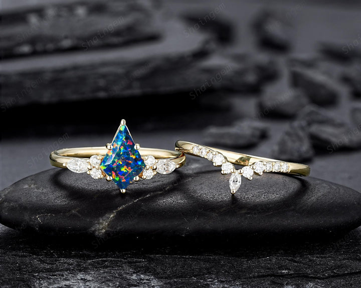 Kite Shape Black Fire Opal Engagement Ring , Multicolor Black Opal Bridal Set, Unique 14K Solid Yellow Gold Anniversary Promise Ring Gift - ShainJewelry