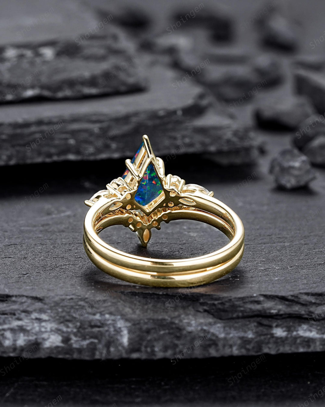 Kite Shape Black Fire Opal Engagement Ring , Multicolor Black Opal Bridal Set, Unique 14K Solid Yellow Gold Anniversary Promise Ring Gift - ShainJewelry