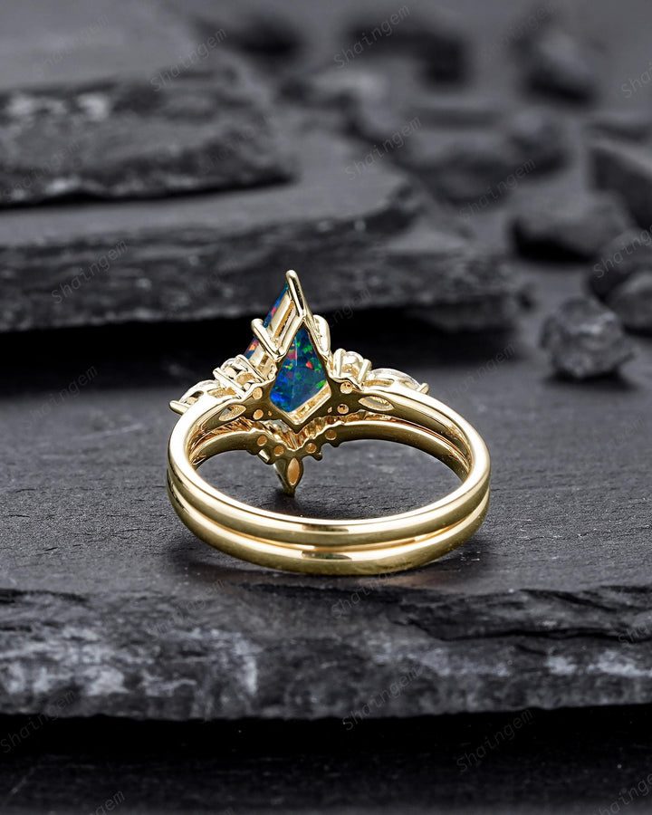 Kite Shape Black Fire Opal Engagement Ring , Multicolor Black Opal Bridal Set, Unique 14K Solid Yellow Gold Anniversary Promise Ring Gift - ShainJewelry
