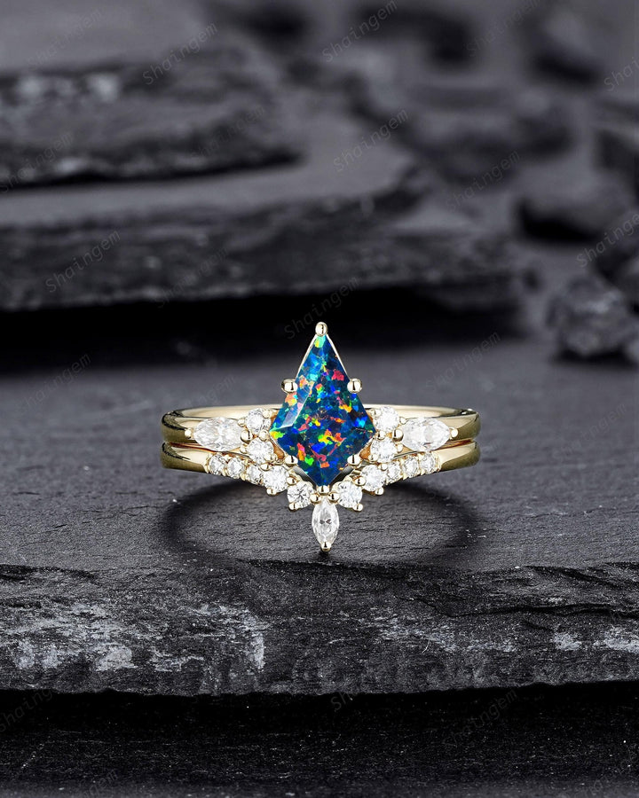 Kite Shape Black Fire Opal Engagement Ring , Multicolor Black Opal Bridal Set, Unique 14K Solid Yellow Gold Anniversary Promise Ring Gift - ShainJewelry