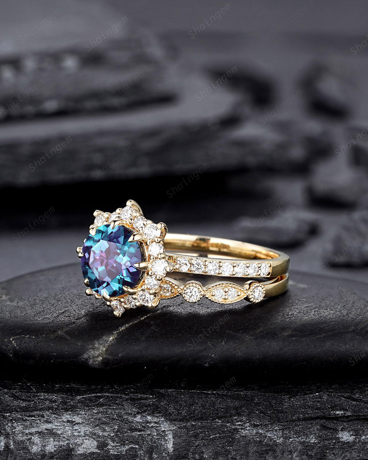 Round Shape Alexandrite Bridal Set, 14K Solid Yellow Gold Alexandrite Halo Engagement Ring, Alexandrite Bridal Set Anniversary Gift For her - ShainJewelry