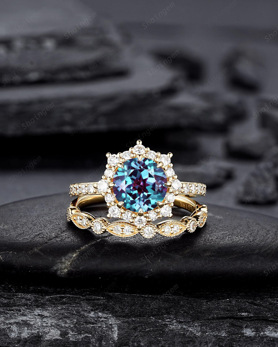 Round Shape Alexandrite Bridal Set, 14K Solid Yellow Gold Alexandrite Halo Engagement Ring, Alexandrite Bridal Set Anniversary Gift For her - ShainJewelry