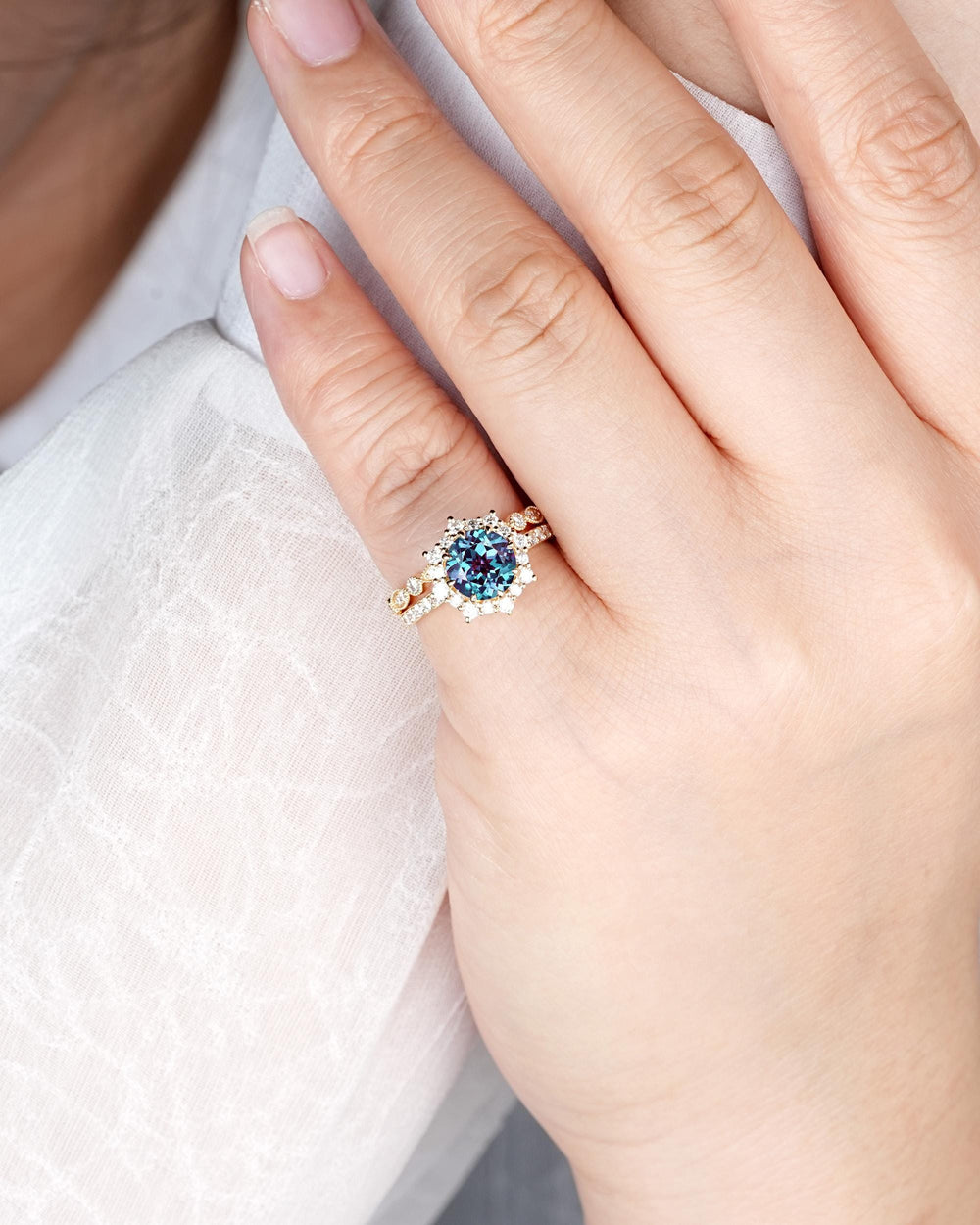 Round Shape Alexandrite Bridal Set, 14K Solid Yellow Gold Alexandrite Halo Engagement Ring, Alexandrite Bridal Set Anniversary Gift For her - ShainJewelry