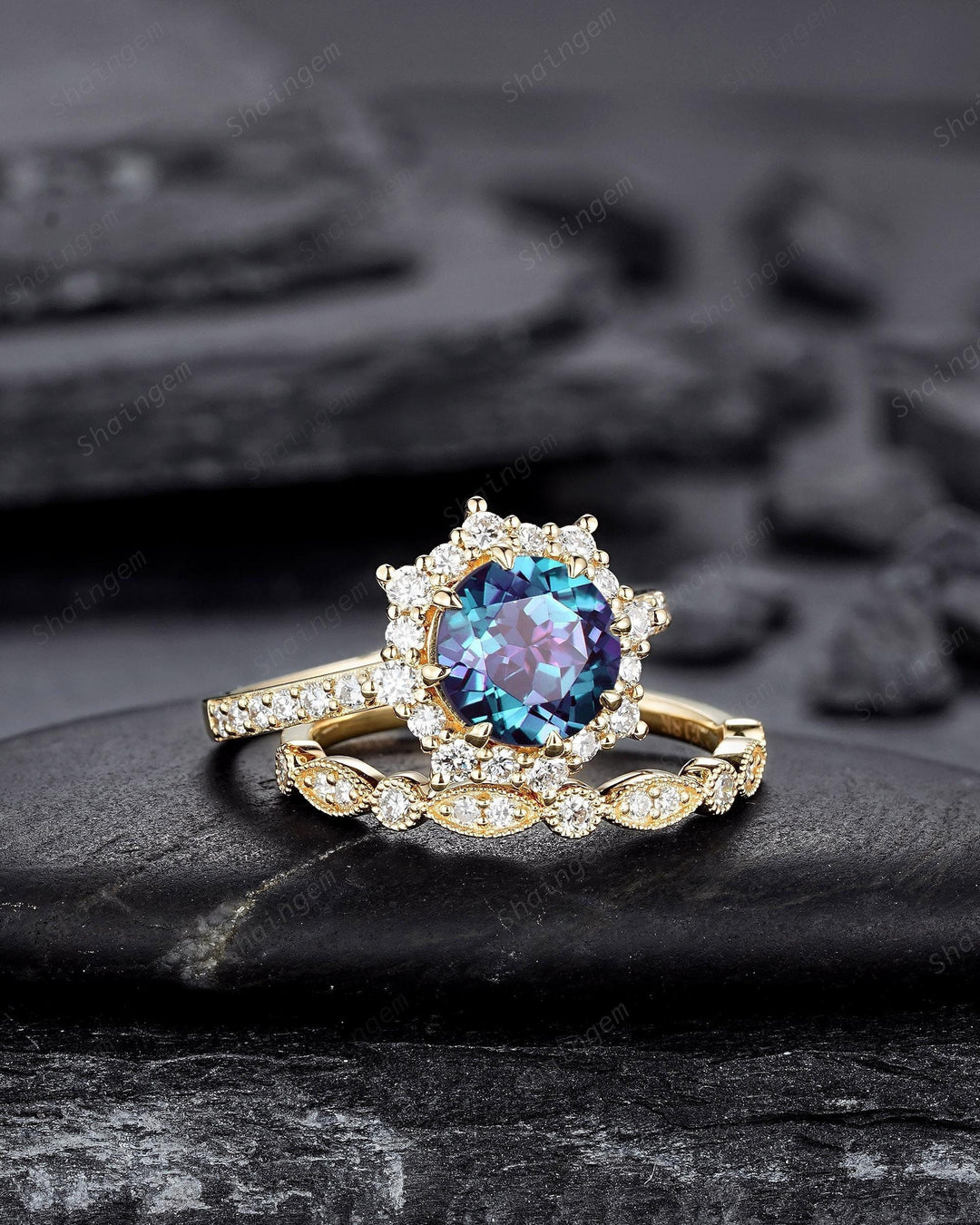 Round Shape Alexandrite Bridal Set, 14K Solid Yellow Gold Alexandrite Halo Engagement Ring, Alexandrite Bridal Set Anniversary Gift For her - ShainJewelry