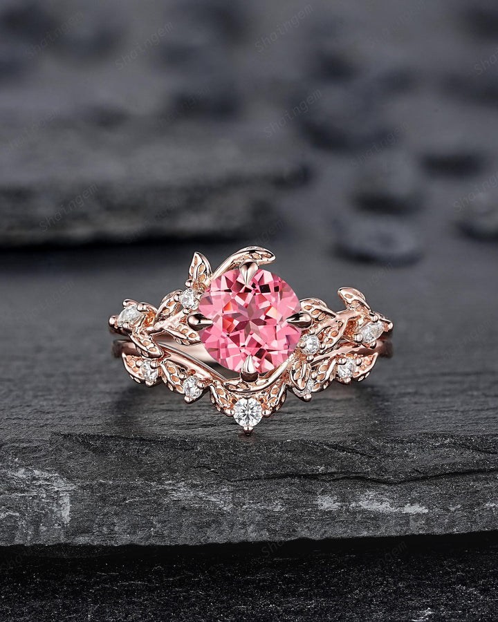 Vintage Round Shape Padparadscha Pink Sapphire Leaf Engagement Ring, Unique Rose Gold Wedding Set, Nature Inspired Promise Ring for Women - ShainJewelry