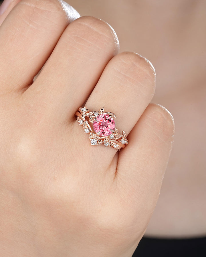 Vintage Round Shape Padparadscha Pink Sapphire Leaf Engagement Ring, Unique Rose Gold Wedding Set, Nature Inspired Promise Ring for Women - ShainJewelry