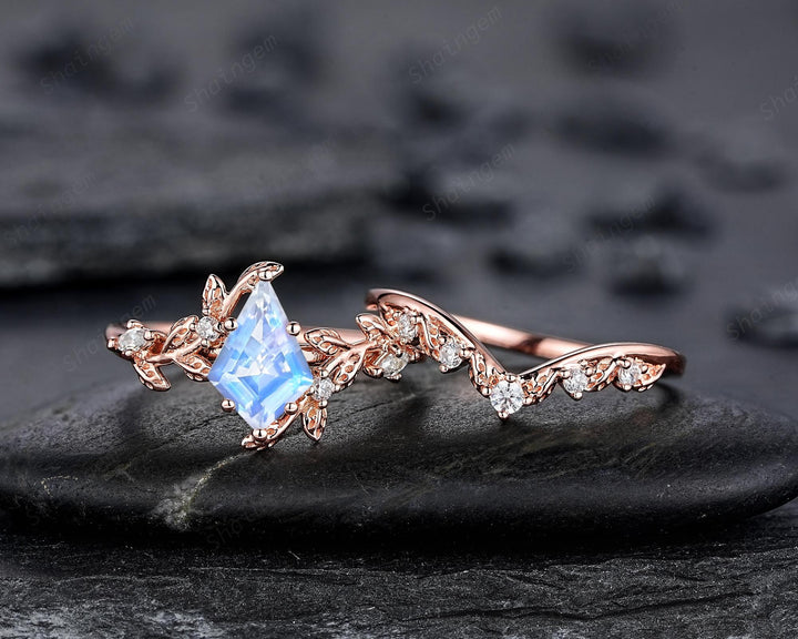 Vintage Kite Cut Moonstone Leaf Engagement Ring, Unique Rose Gold Twig Branch Vine Wedding Set Nature Inspired Promise Ring June Birthstone - ShainJewelry