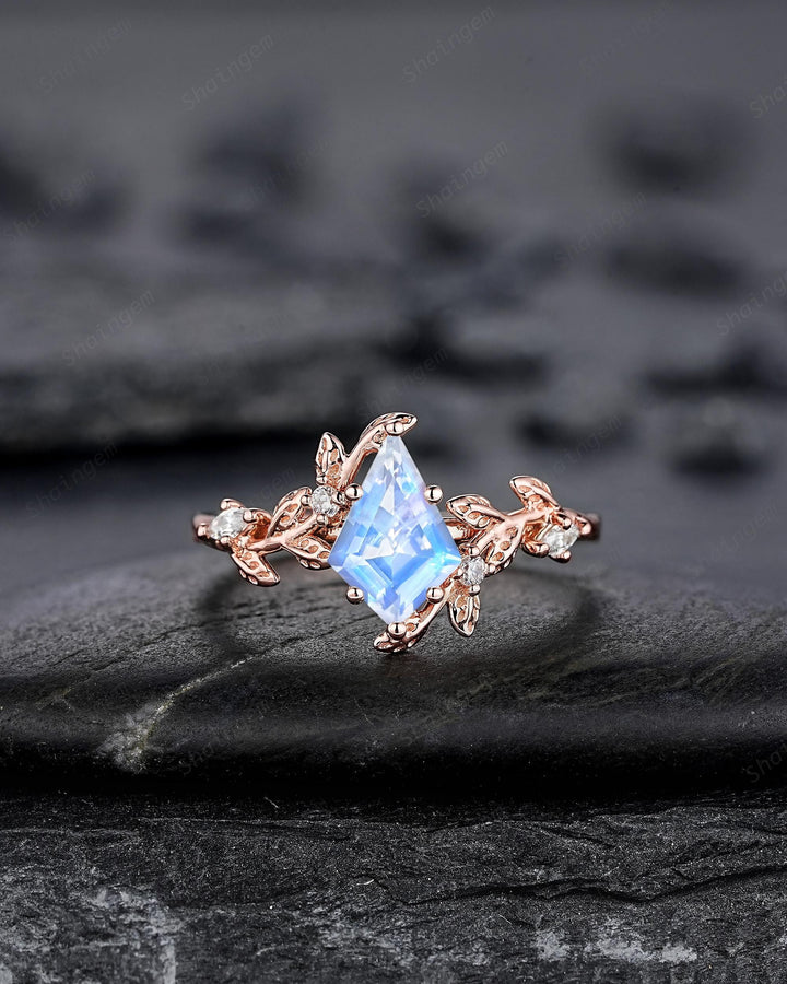 Vintage Kite Cut Moonstone Leaf Engagement Ring, Unique Rose Gold Twig Branch Vine Wedding Set Nature Inspired Promise Ring June Birthstone - ShainJewelry