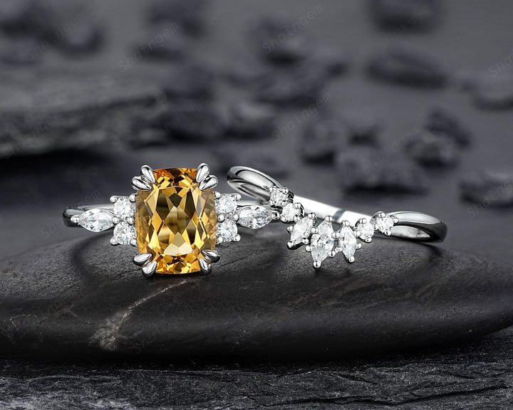 Unique Cushion Cut Citrine Cluster Engagement Ring Set, Vintage Yellow Citrine Wedding Ring White Gold Promise Ring Art Deco Silver 925 Ring - ShainJewelry