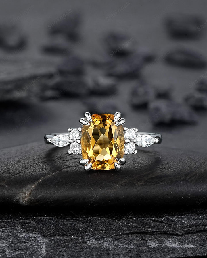 Unique Cushion Cut Citrine Cluster Engagement Ring Set, Vintage Yellow Citrine Wedding Ring White Gold Promise Ring Art Deco Silver 925 Ring - ShainJewelry