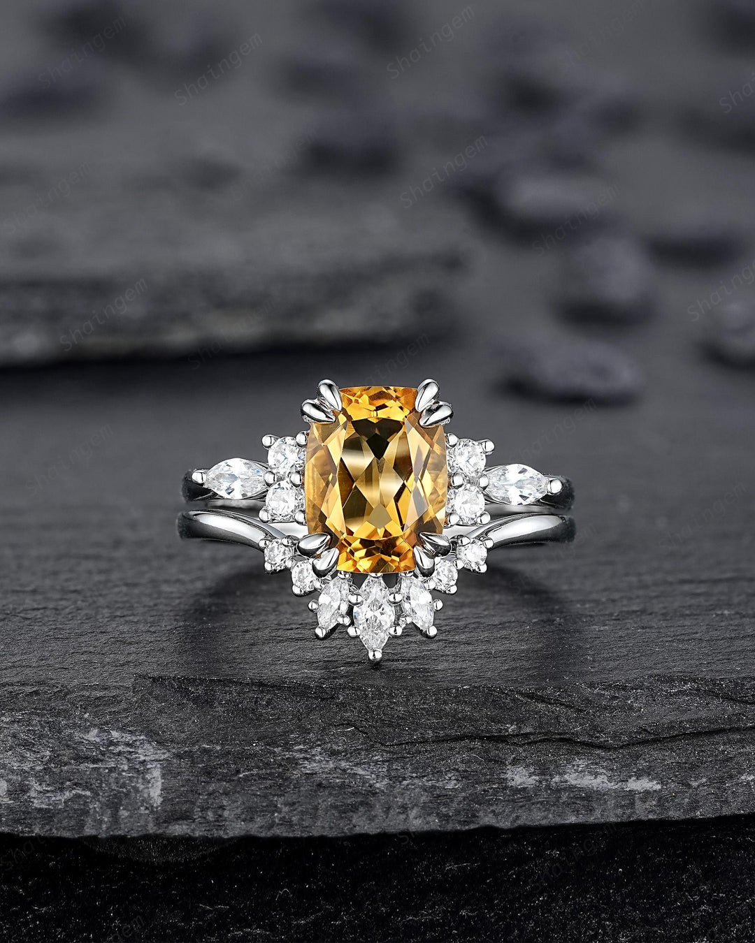 Unique Cushion Cut Citrine Cluster Engagement Ring Set, Vintage Yellow Citrine Wedding Ring White Gold Promise Ring Art Deco Silver 925 Ring - ShainJewelry