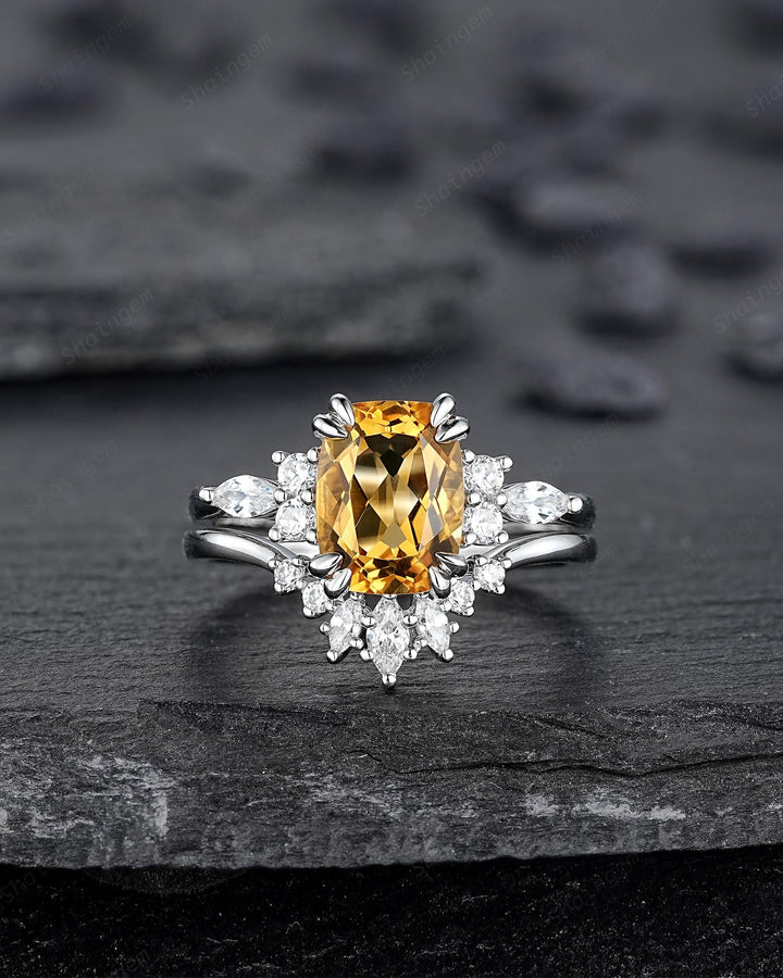Unique Cushion Cut Citrine Cluster Engagement Ring Set, Vintage Yellow Citrine Wedding Ring White Gold Promise Ring Art Deco Silver 925 Ring - ShainJewelry
