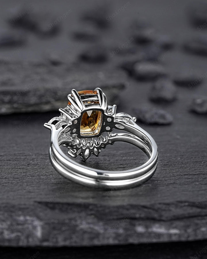 Unique Cushion Cut Citrine Cluster Engagement Ring Set, Vintage Yellow Citrine Wedding Ring White Gold Promise Ring Art Deco Silver 925 Ring - ShainJewelry